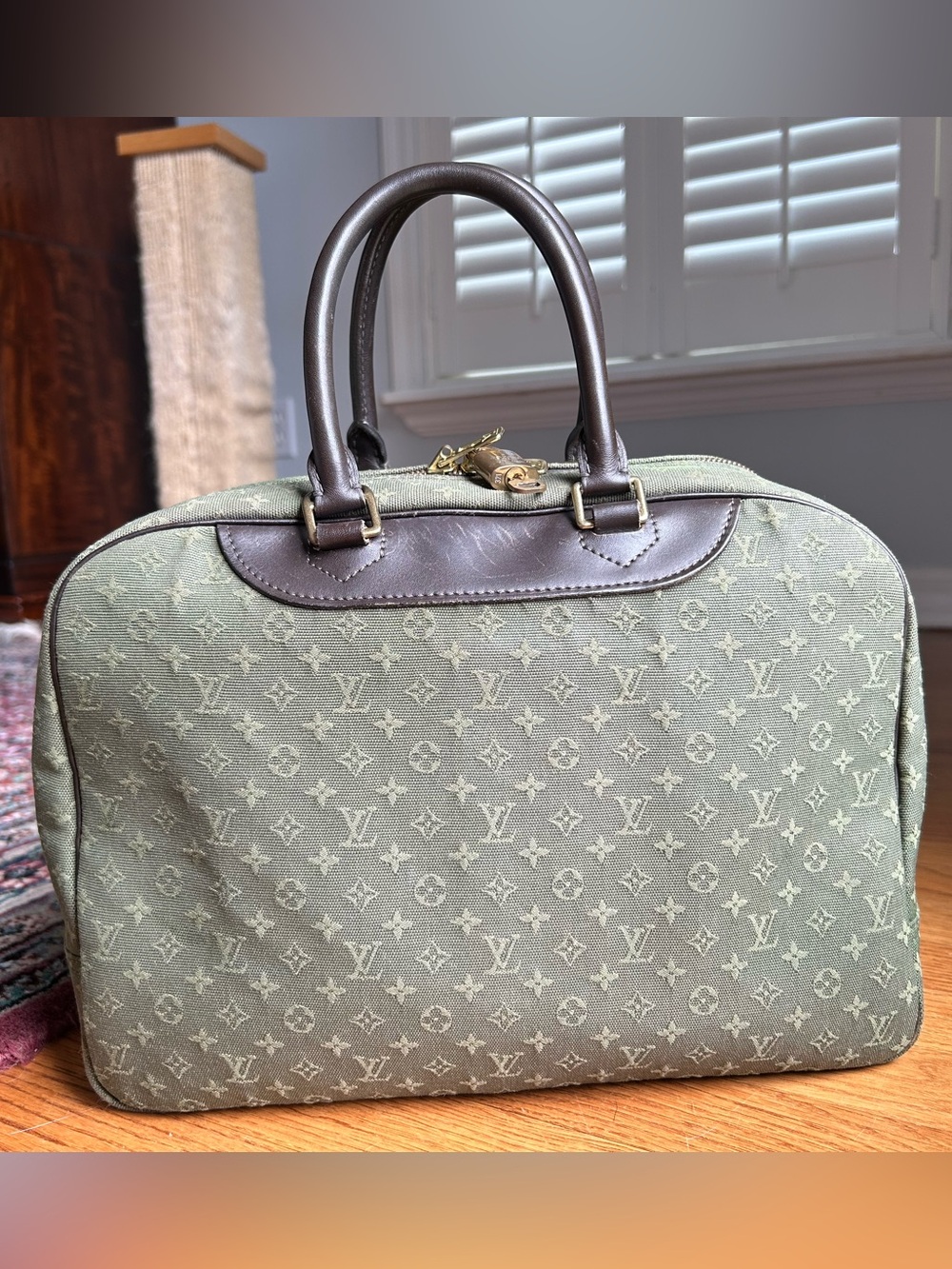 VINTAGE RARE Louis Vuitton Khaki Green Mini Lin logo Satchel
